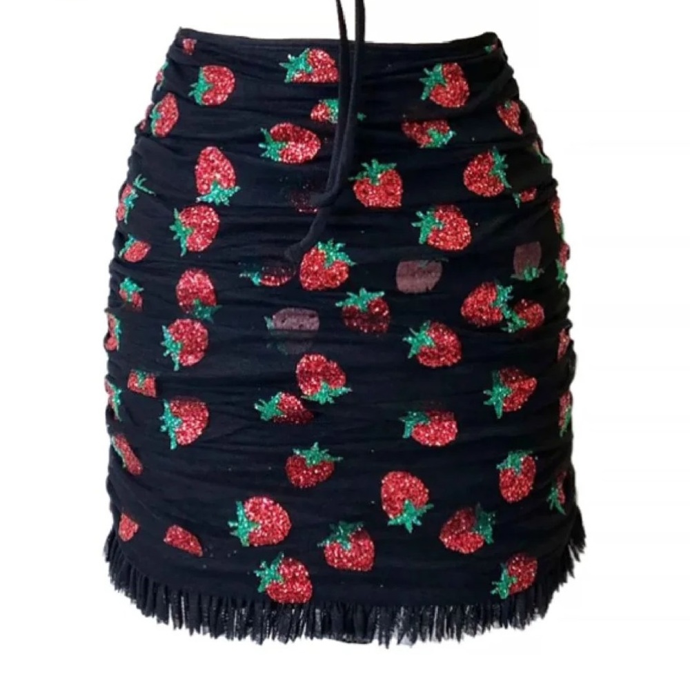 Lirika Matoshi Strawberry Frayed Ruched Mini Skirt Size XS